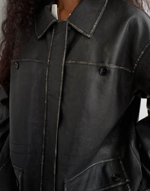 Topshop faux leather cinched waist jacket in black, 3 of 4