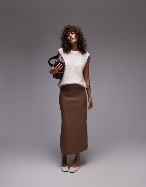 Topshop Faux Leather Clean Midi Skirt in Coffee Brown