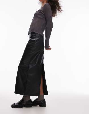 Topshop Faux Leather Clean Panel Midi Skirt In Black