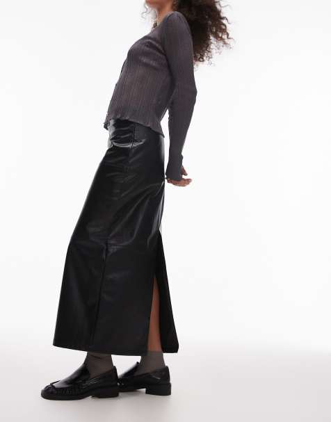 Topshop faux leather clean panel midi skirt in black 