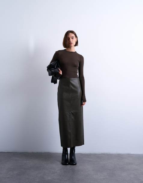 Topshop faux leather clean panel midi skirt in dark khaki - view 1