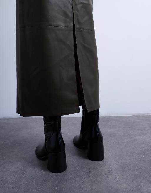 Topshop faux leather clean panel midi skirt in dark khaki