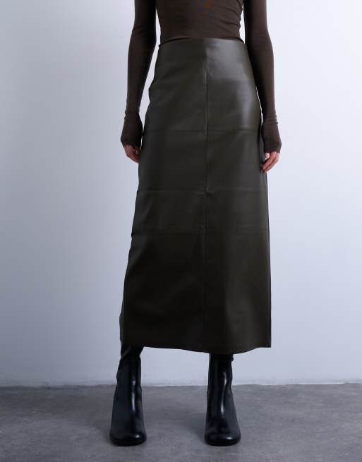 Topshop faux-leather clean panel midi skirt in dark khaki, 3 of 5