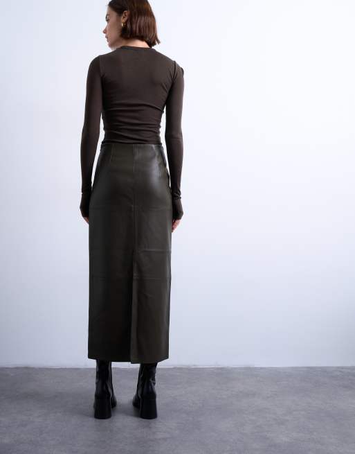 Topshop faux-leather clean panel midi skirt in dark khaki, 4 of 5