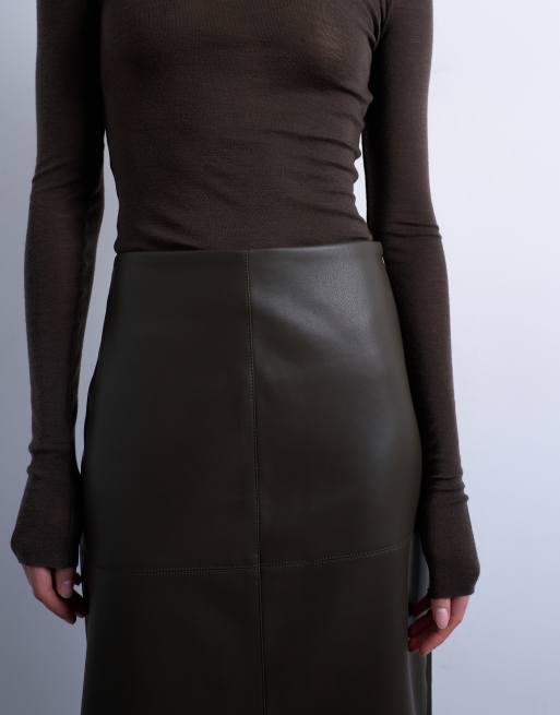 Topshop faux leather clean panel midi skirt in dark khaki