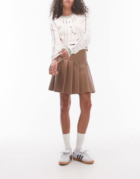 Topshop faux leather clean pleat mini skirt in coffee