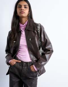 Faux leather clean zip through jacket in deep burgundy