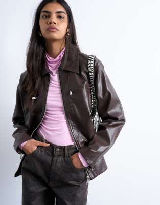 Topshop Faux Leather Clean Zip Up Jacket In Brown