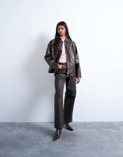 Topshop faux leather clean zip up jacket in deep burgundy