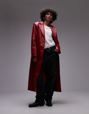 Topshop Faux Leather Coat In Red-black