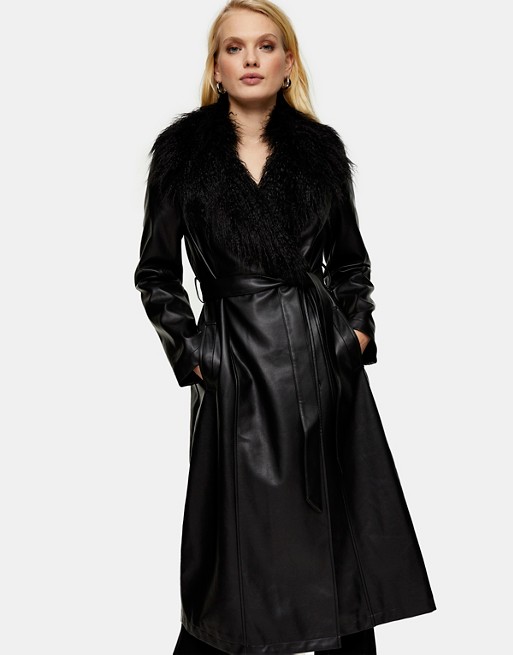 Topshop faux leather coat with faux fur trim in black