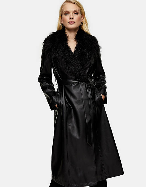 Top Faux Leather Coat With Fur, Fur Trim Leather Trench Coat