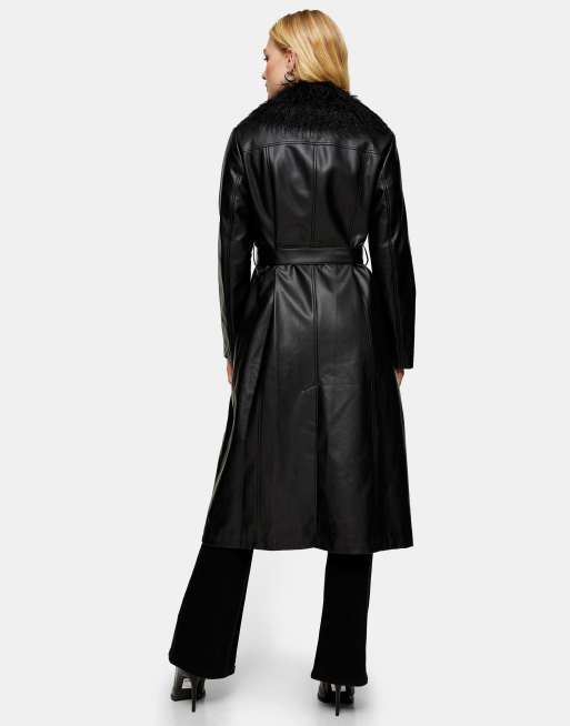 Faux Fur Trim Faux Leather Trench Coat