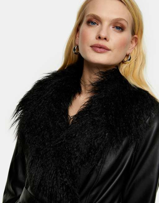 Topshop faux leather coat with faux fur trim in black