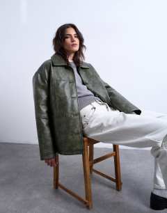 Faux leather collar button thru padded shacket in green