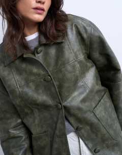 Model wearing Faux leather collar button thru padded shacket in green