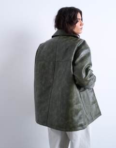Model wearing Faux leather collar button thru padded shacket in green