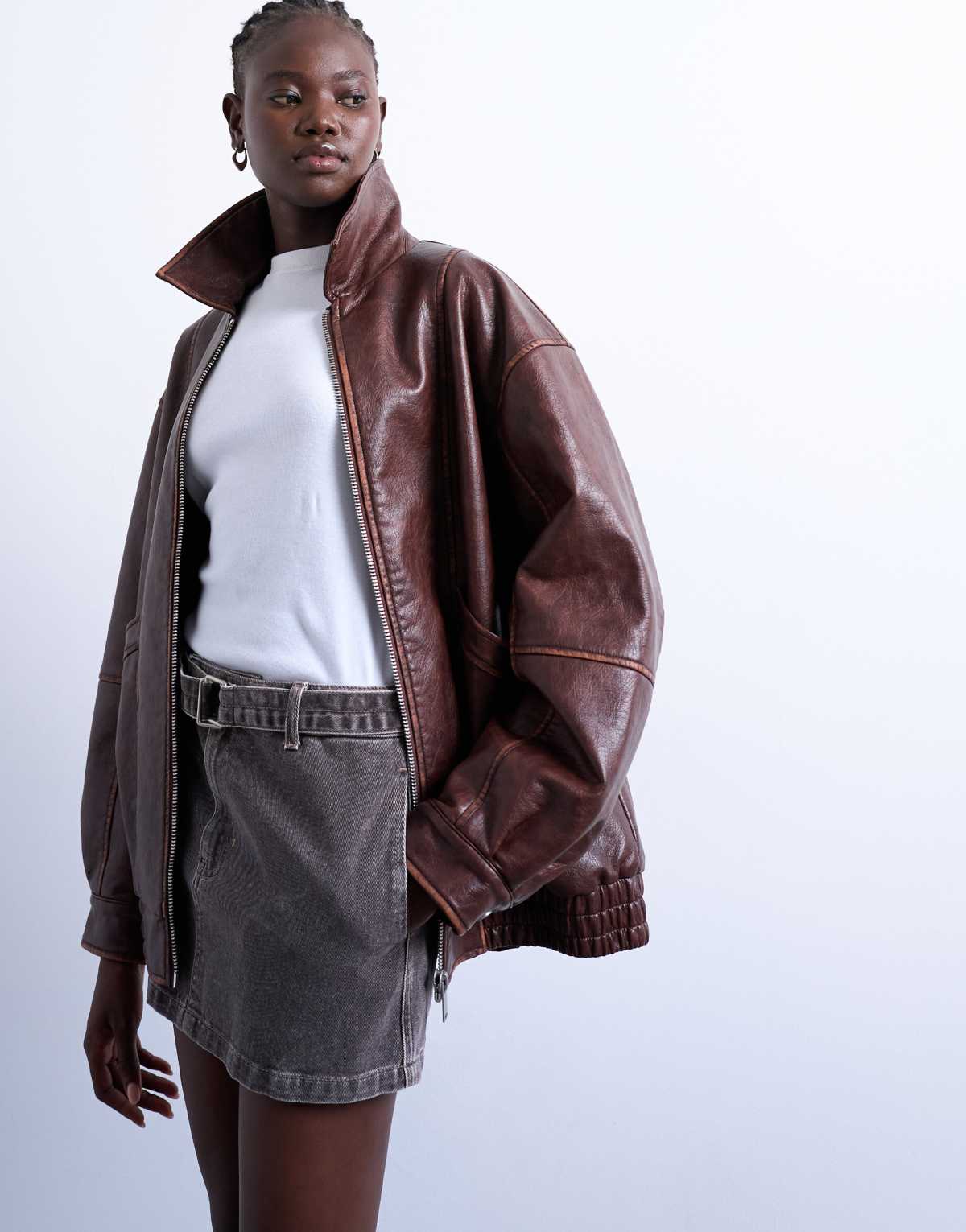 Topshop faux leather contrast heavy wash bomber jacket in brown