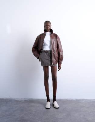 Topshop Faux Leather Contrast Heavy Wash Bomber Jacket In Brown