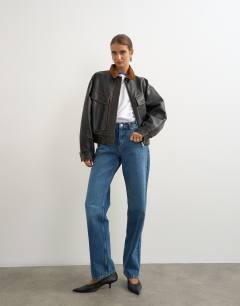 Model wearing Faux leather contrast rib collar bomber jacket in black