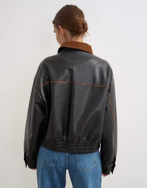 Topshop faux leather contrast rib collar bomber jacket in black, 3 of 4