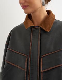 Model wearing Faux leather contrast rib collar bomber jacket in black