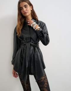 Faux leather contrast stitch belted shirt in black
