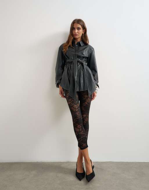 Topshop faux leather contrast stitch belted shirt in black, 3 of 4