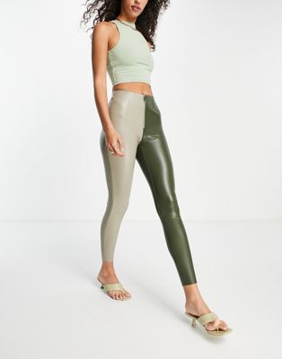 Topshop faux leather contrast zip fly legging in sage and khaki-Multi