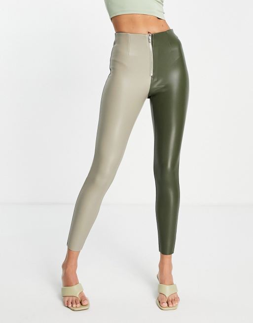 Topshop faux leather contrast zip fly legging in sage and khaki