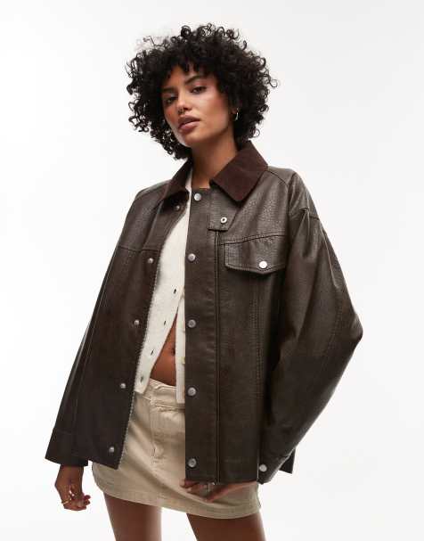 Topshop faux leather cord collar jacket in brown - view 1