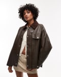 [Topshop] Topshop faux leather cord collar jacket in brown-Black XS brown
