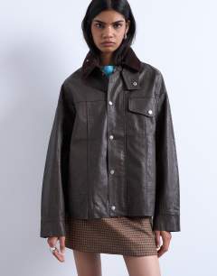 Faux leather cord collar jacket in brown
