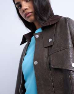 Model wearing Faux leather cord collar jacket in brown