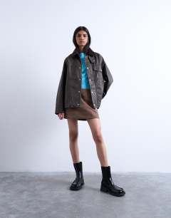 Model wearing Faux leather cord collar jacket in brown