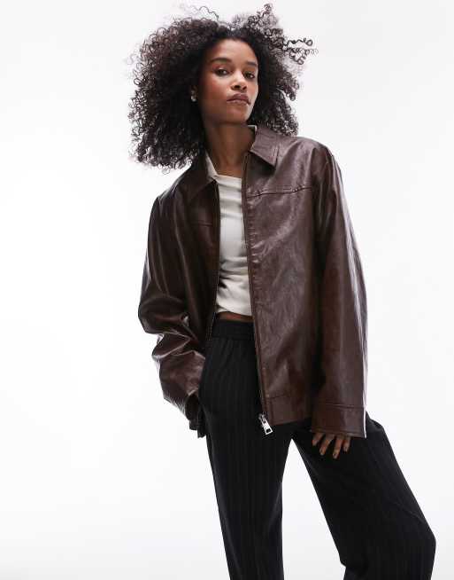 Topshop faux leather cracked vinyl jacket in brown ASOS