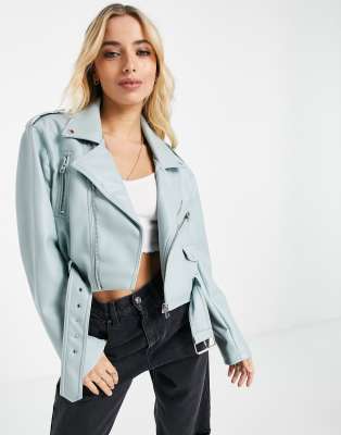 Topshop faux leather cropped biker jacket in blue