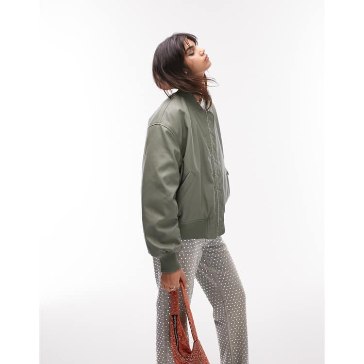 Puro Hostil Frugal Topshop faux leather cropped bomber jacket in green | ASOS