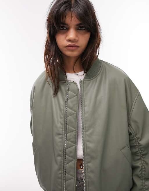 Topshop faux leather cropped bomber jacket in green