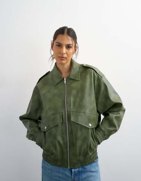 Topshop faux leather cropped bomber jacket with patch pocket in washed green - view 1
