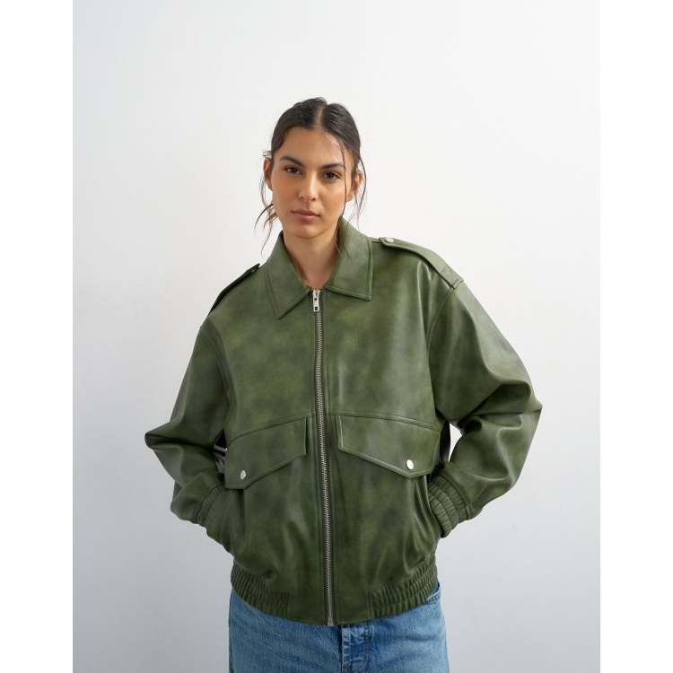 Topshop faux leather cropped bomber jacket with patch pocket in