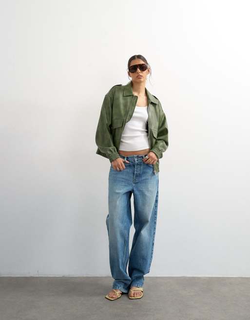 Topshop faux leather cropped bomber jacket with patch pocket in washed green, 2 of 4