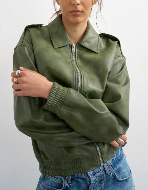 Topshop faux leather cropped bomber jacket with patch pocket in washed green, 3 of 4