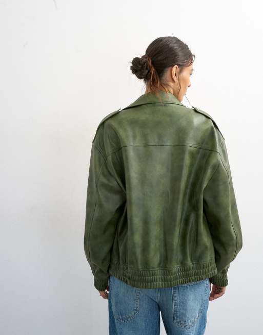 Topshop faux leather cropped bomber jacket with patch pocket in washed green, 4 of 4