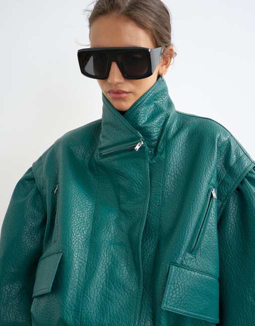 Topshop faux leather cropped bomber with zips in green, 2 of 4