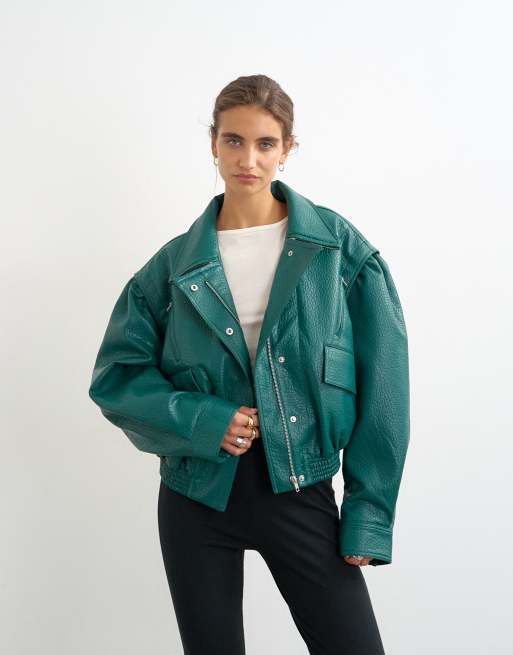 Topshop faux leather cropped bomber with zips in green, 4 of 4