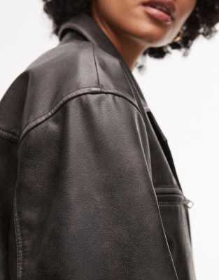 Topshop Faux Leather Cropped Button Down Jacket In Black
