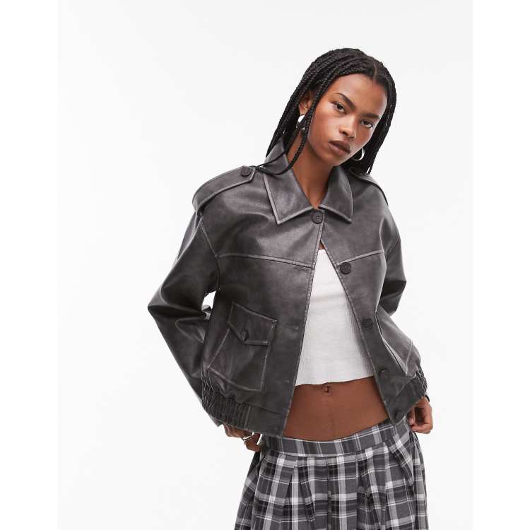 ジャケット・アウター SOFTHYPHEN FAUX LEATHER CROPPED SHIRT 207653581-1-washedblack?$