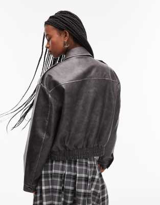 Topshop Faux Leather Cropped Button Thru Patch Pocket Bomber Jacket In Brown