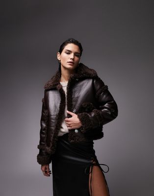 Topshop faux leather cropped car coat with faux fur trims in chocolate
